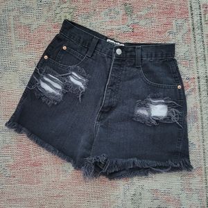 Forenza vintage black Denim jean shorts frayed cutoff distressed ripped hi waist